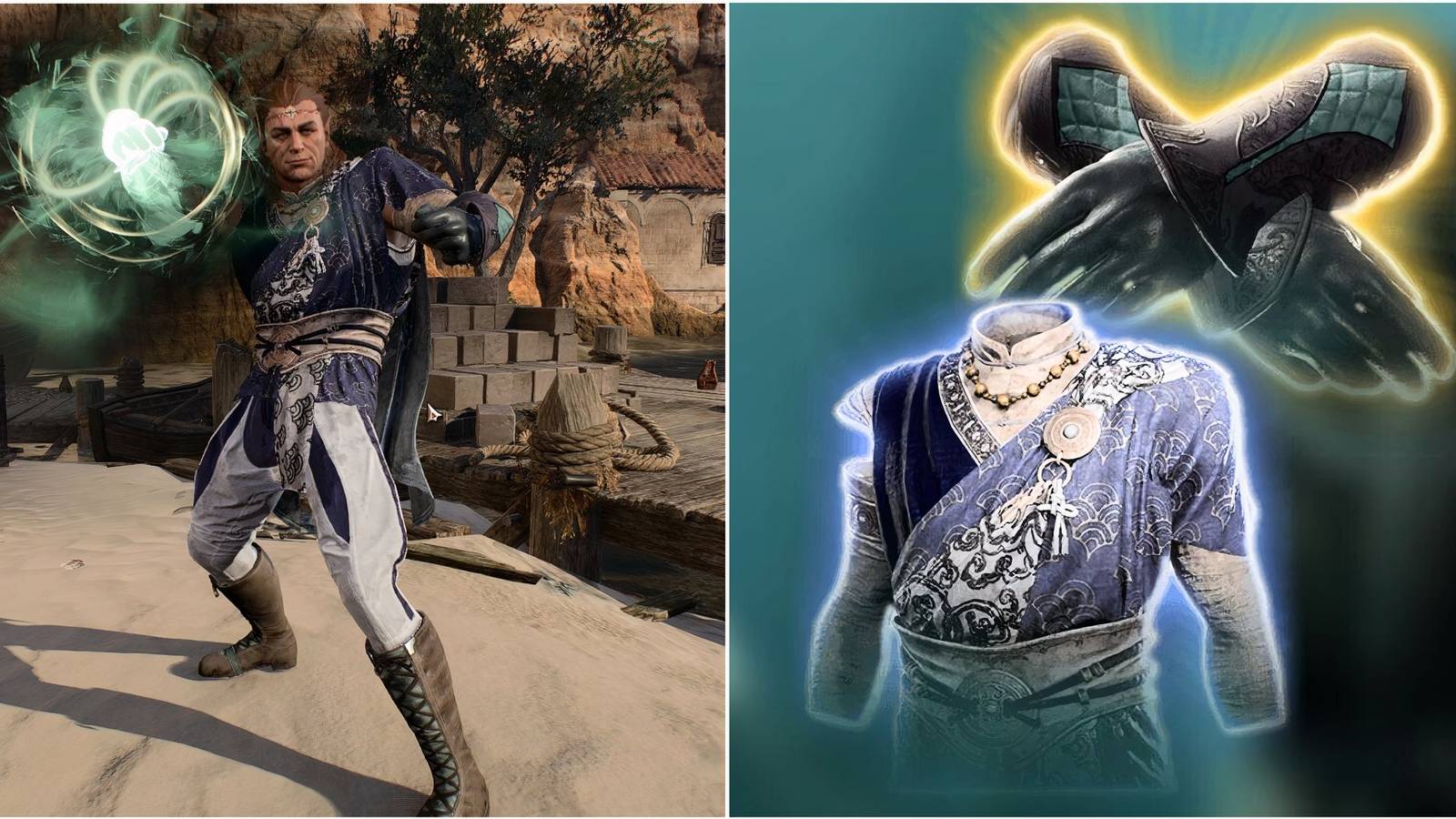 Halsin posing for photo mode alongside two gear pieces from Baldur's Gate 3