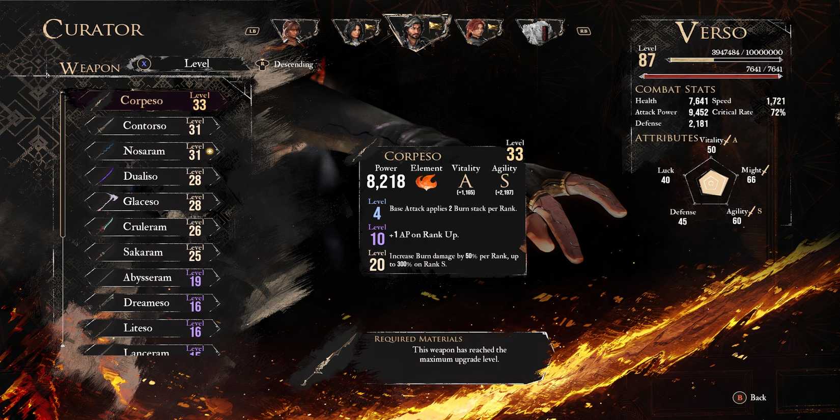 Corpeso weapon in Clair Obscur Expedition 33