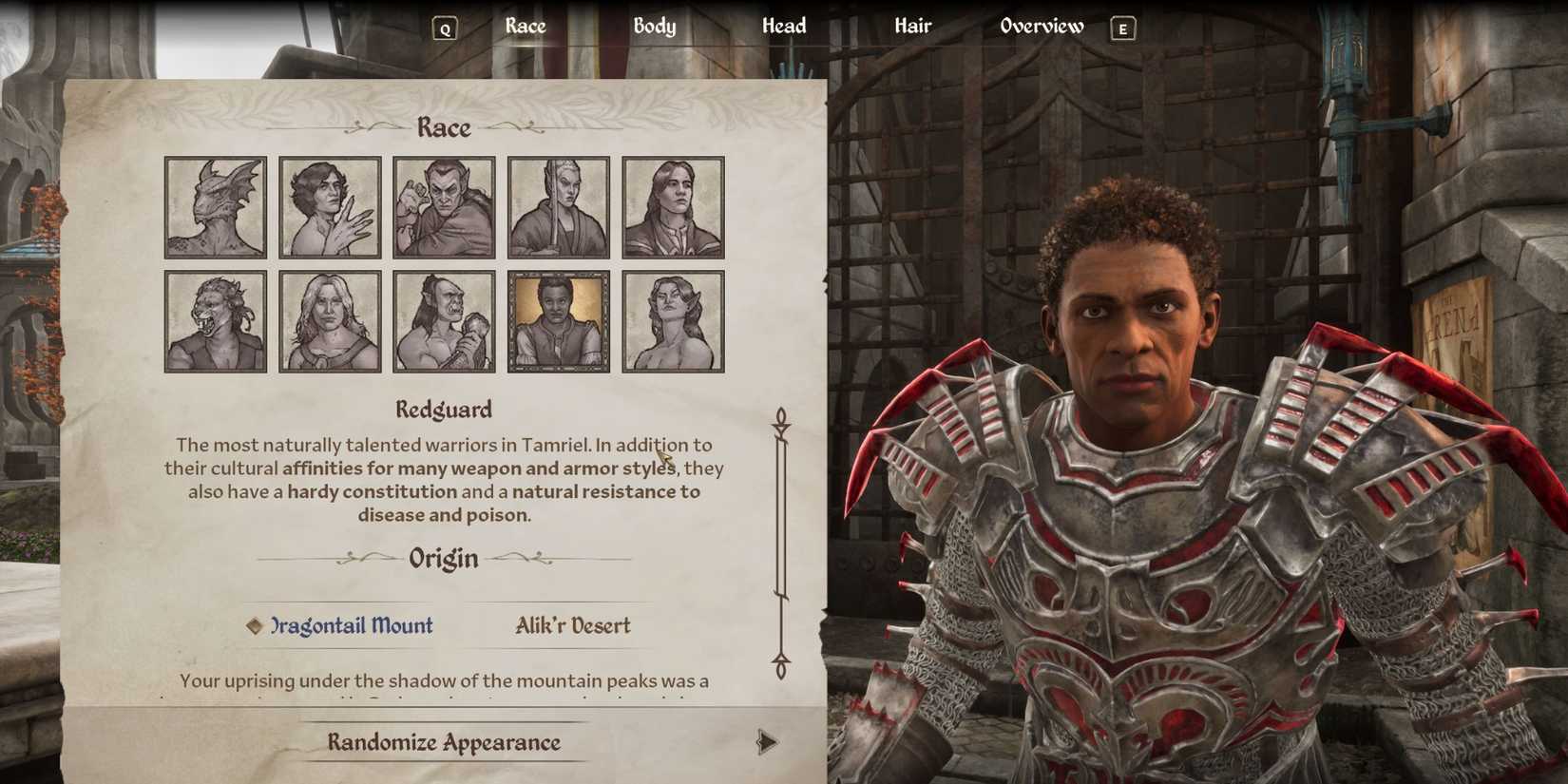 Oblivion Remastered race menu