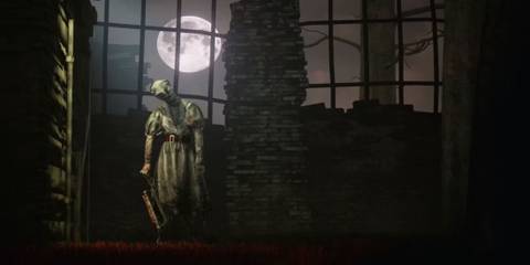 The Nurse standing in front of a brick wall with the moon overhead