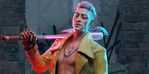 Close-up of Trickster with his baseball bat slung over one shoulder