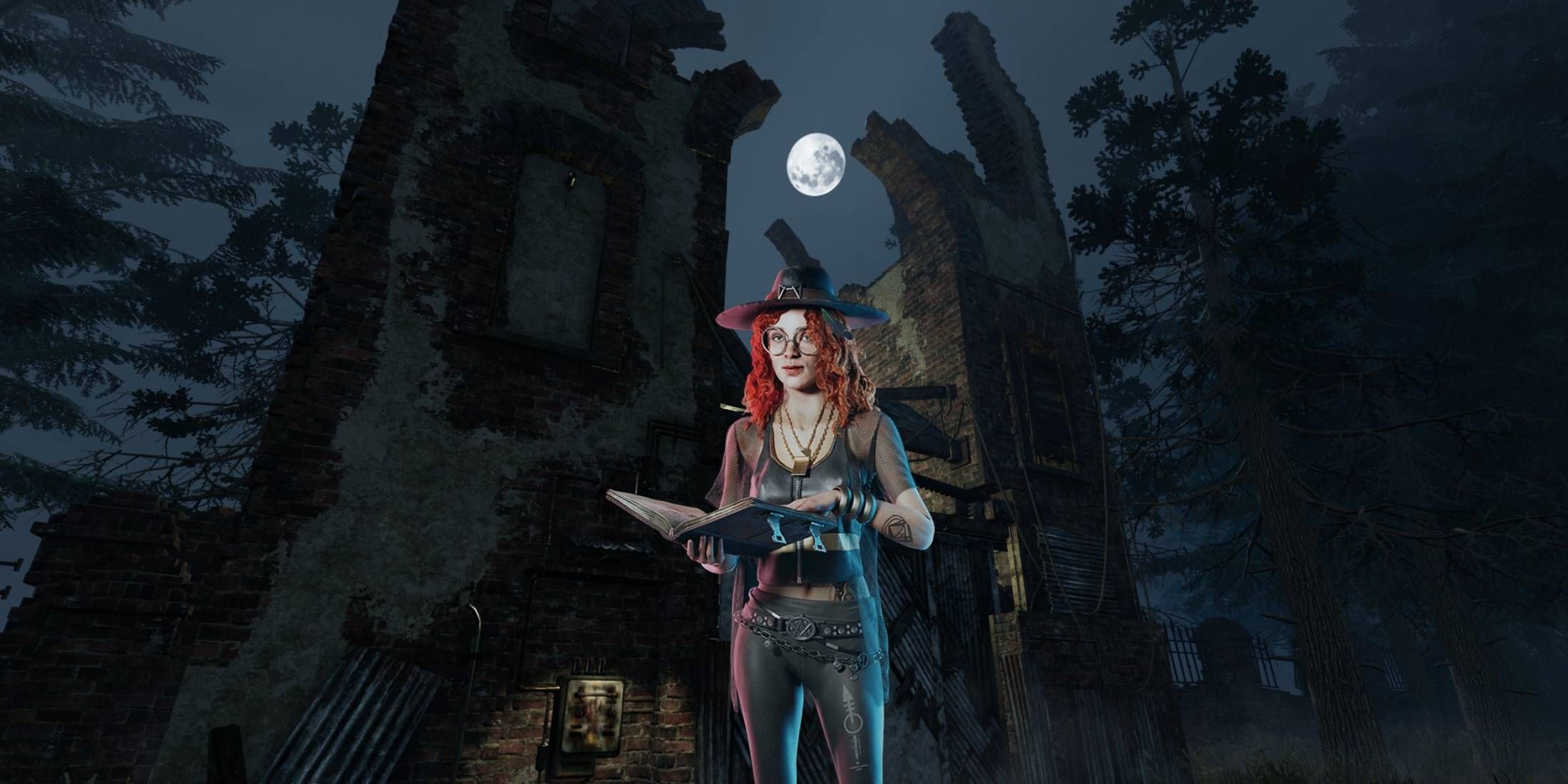 Mikaela with a book in front of an exit gate from Dead by Daylight