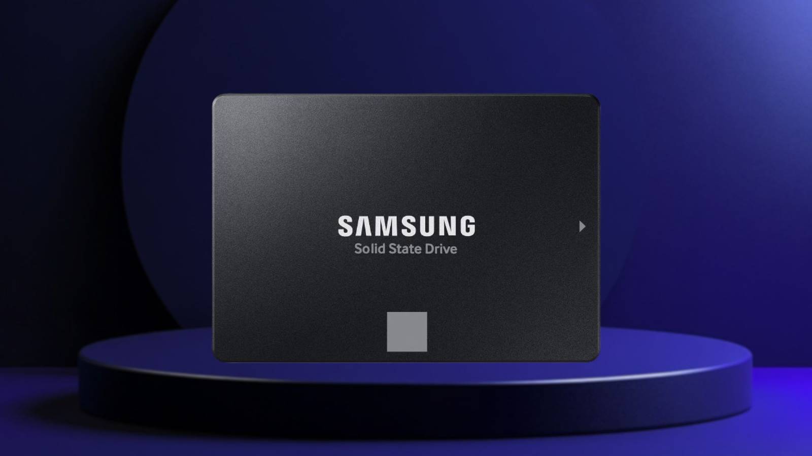 Image of the Samsung ssd on a blue background with a stage-like thing.