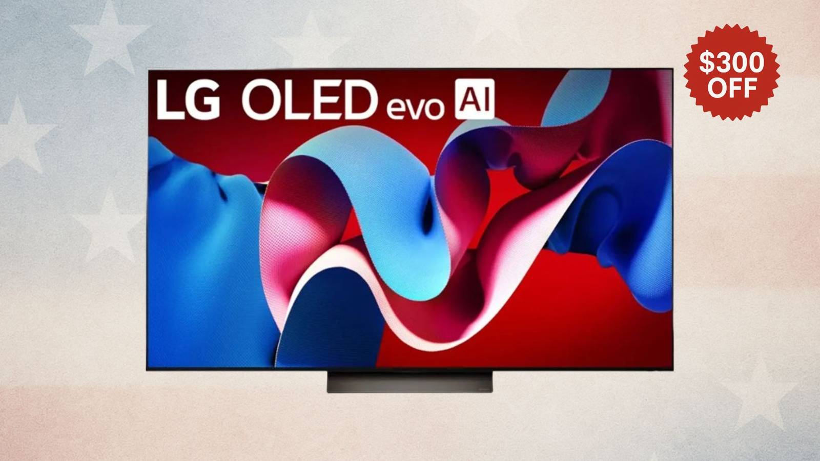 image of an LG TV with a tag that says $300 off on a white background.