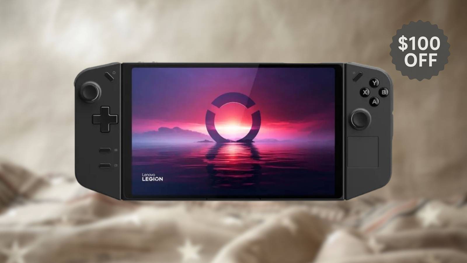 Image of the Lenovo Legion Go on a white background with a tag that says $100 off. 