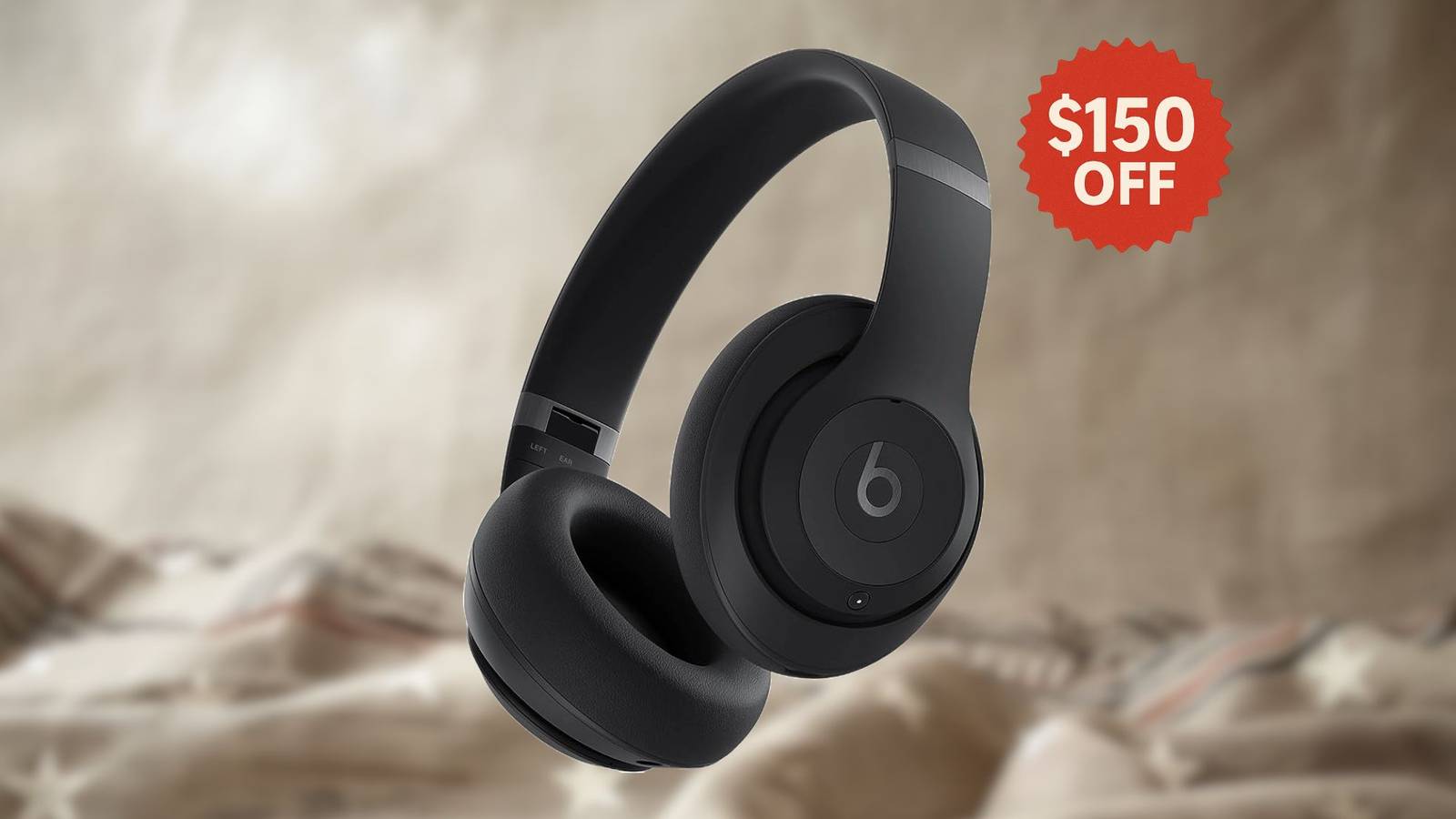 Beats studio pro on a white background with a tag that says $150 off. 