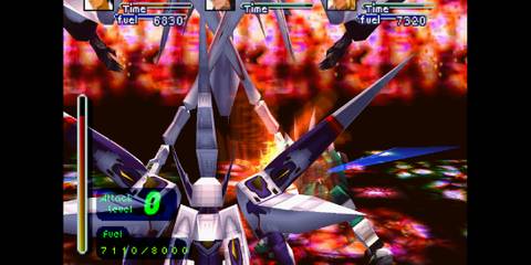 Deus strikes a Gear in close combat during the final battle with vivid glitch-like effects in Xenogears