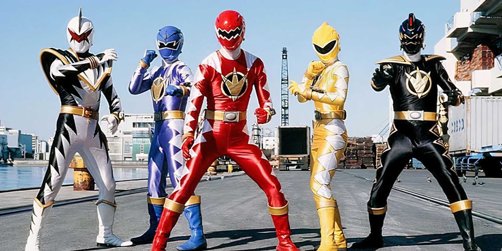 White, blue, red, yellow and black rangers from Power Rangers Dino Thunder