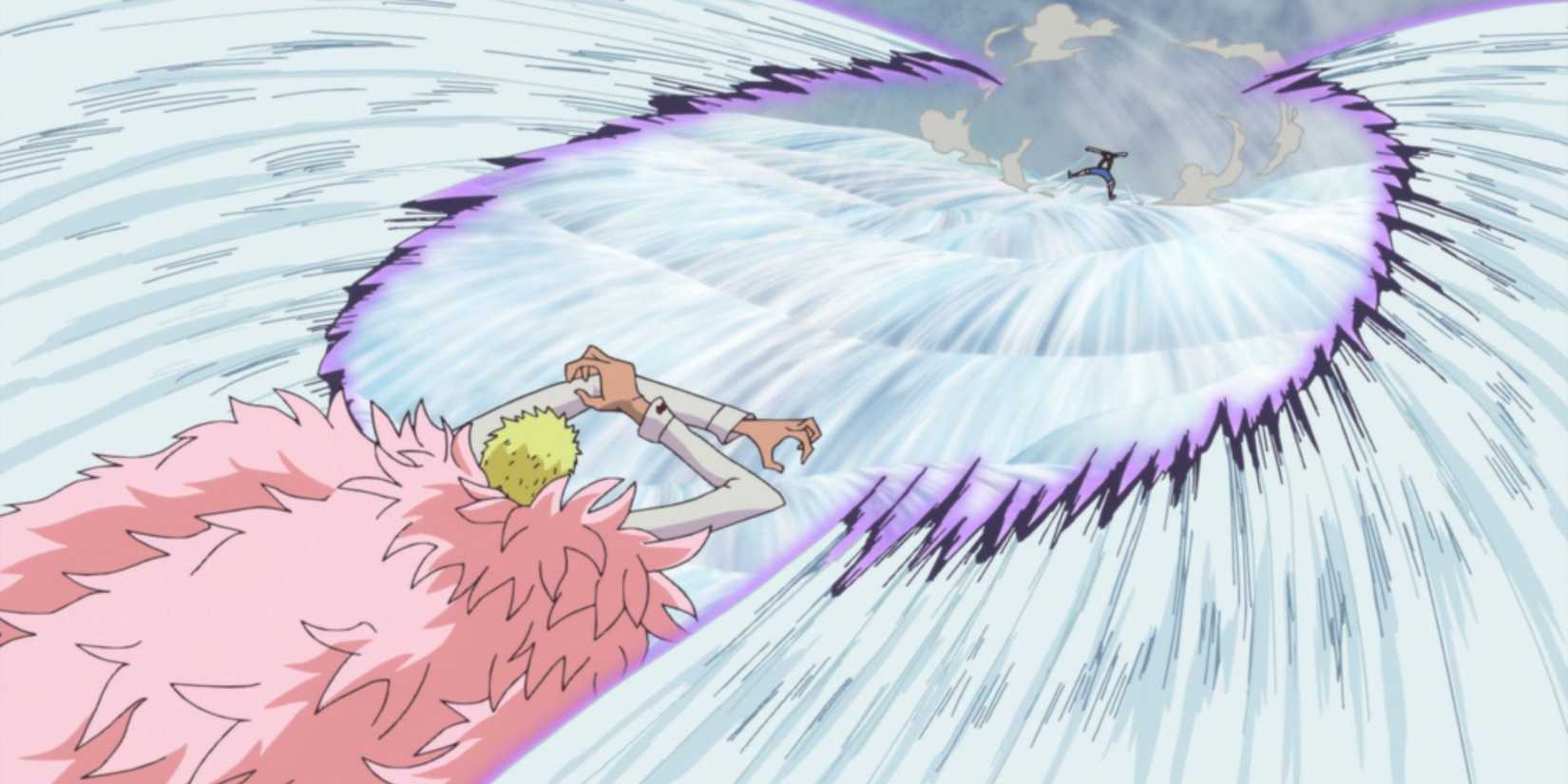 Doflamingo using his awakened Devil Fruit powers against Luffy - One Piece