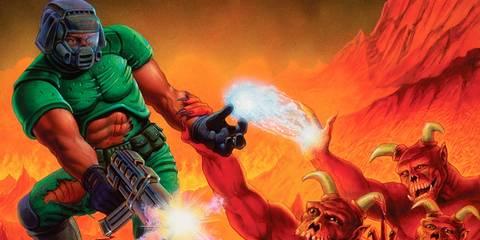 The Doom Marine shooting at demons in key art for Doom (1993)