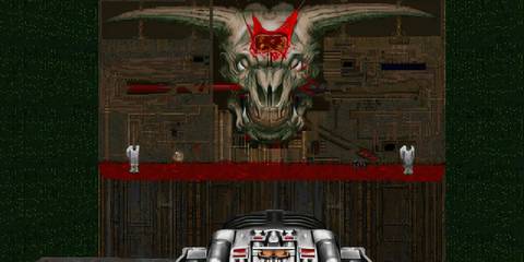 The Doom Marine encountering the Icon of Sin in Doom 2: Hell On Earth