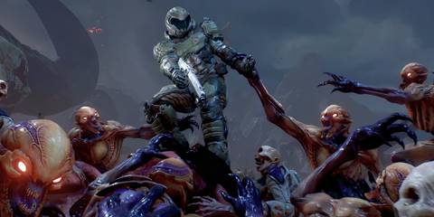 The Doom Slayer fighting a horde of demons and undead in Doom (2016)