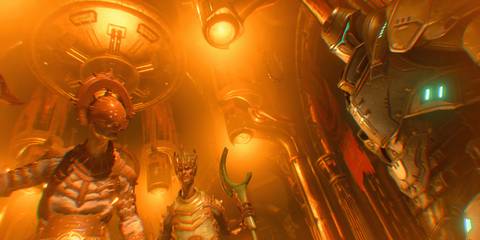 The Doom Marine being brought before the Deag Council and Night Sentinels in Doom Eternal