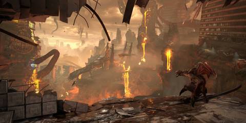 A corrupted city infested with demons in Doom Eternal