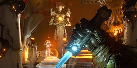 Doom Slayer confronting the Maykrs in Doom Eternal