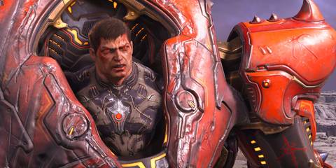 The Dark Lord in his armored mech suit in Doom Eternal The Ancient Gods Part 2