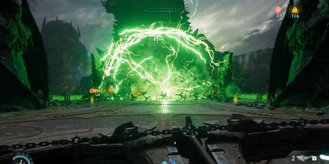 The Doom Slayer firing the BFC in Doom: The Dark Ages