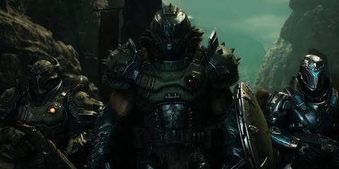 The Doom Slayer marching with the Night Sentinels