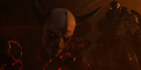 The Doom Slayer looming over Prince Ahzrak in Doom: The Dark Ages