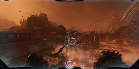 The Cyclops Titan in Doom: The Dark Ages fighting the Doomslayer in an Atlan Mech