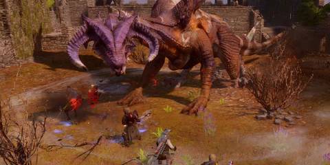 The Inquisitor and their party encountering the Northern Hunter dragon in Dragon Age: Inquisition