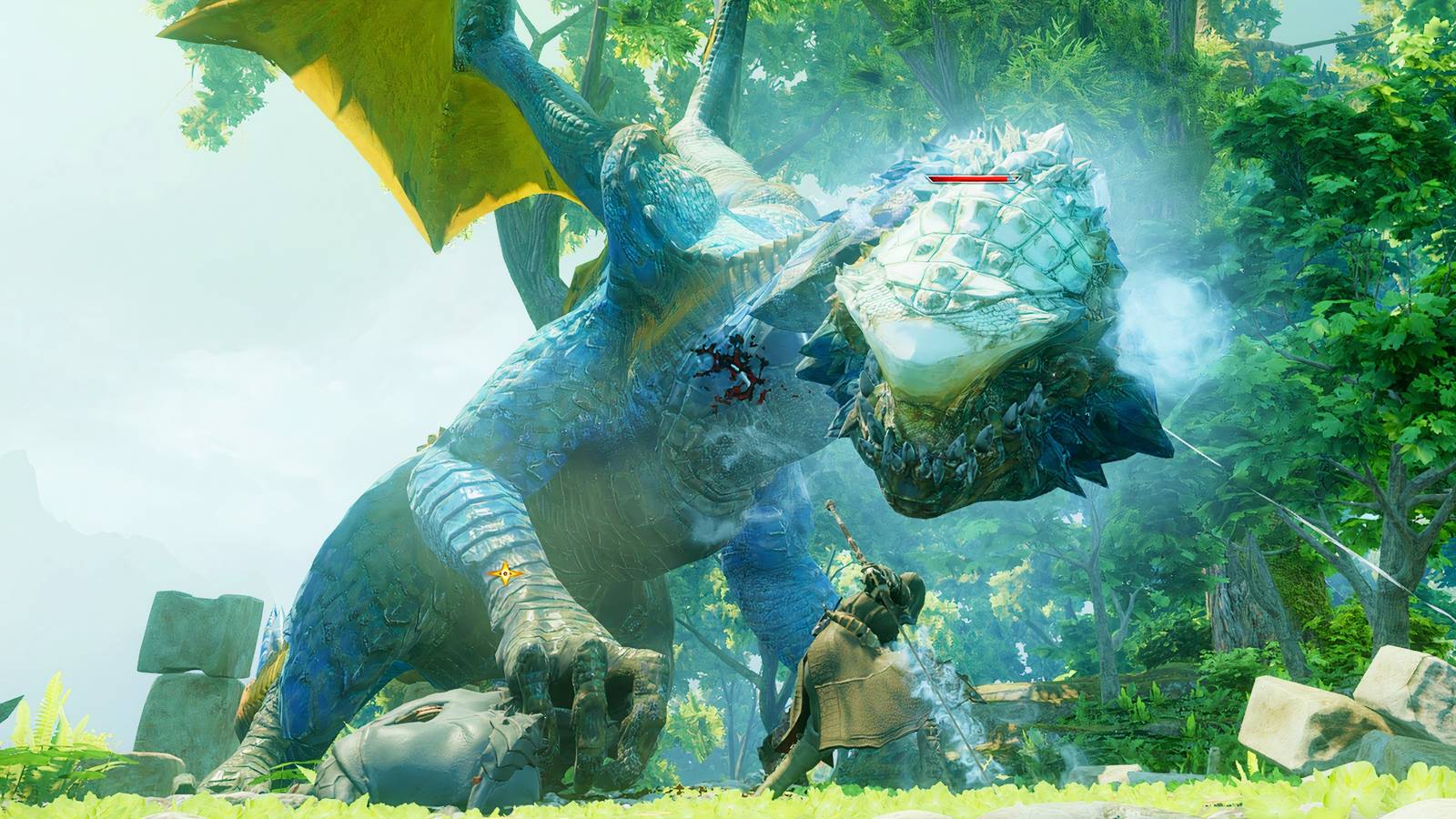 The Inquisitor and their party encountering the Greater Mistral dragon in Dragon Age: Inquisition