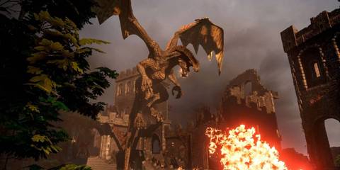 Dragon Age Inquisition Dragonslayer DLC, dragon flying above as it breathes fire