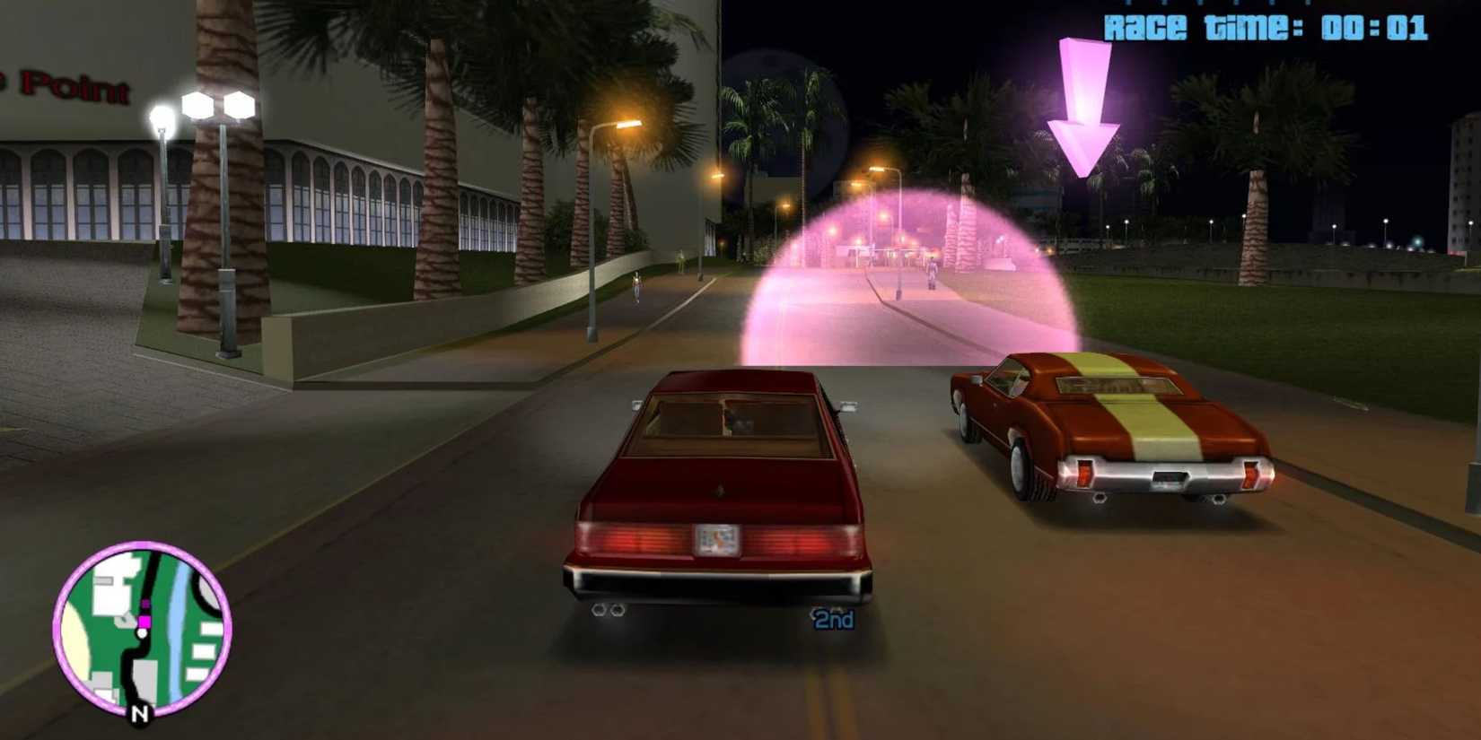 Driving a car towards a checkpoint in The Driver mission in GTA Vice City