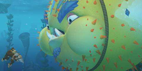 facing off against a puffer fish in Donkey Kong Country: Tropical Freeze