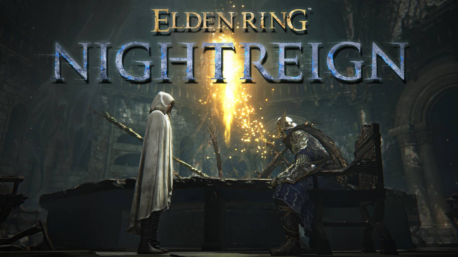 Elden Ring Nightreign logo over Roundtable Hold promo gameplay screenshot