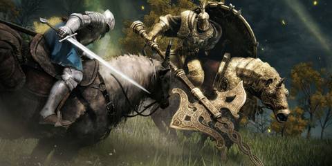 Elden Ring Player riding Torrent alongside Tree Sentinel