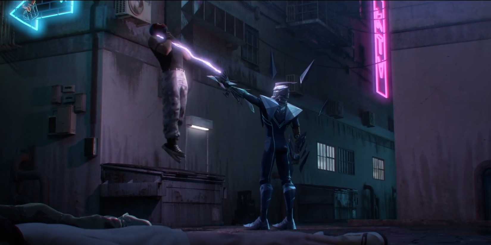 To Be Hero X- E-Soul holding a man using electricity