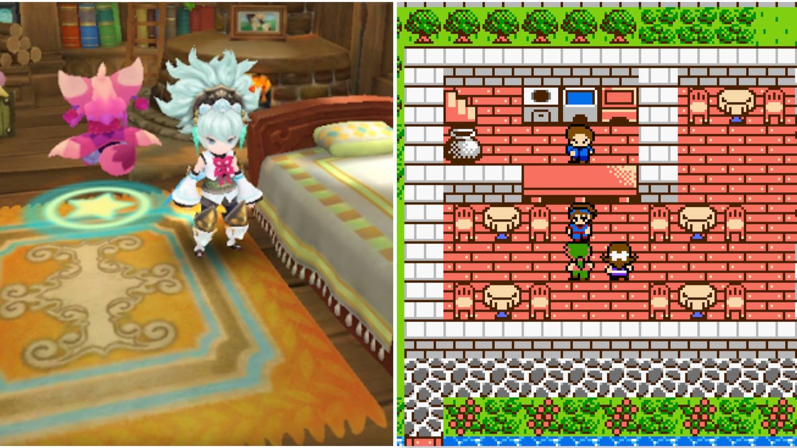 Exploring a room in Rise Of Mana and The pixel world in Nanashi no Game