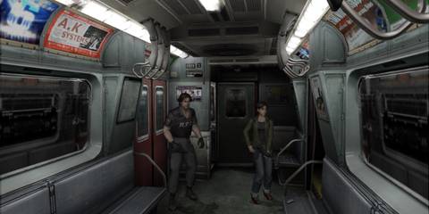 Exploring a train in Resident Evil Outbreak