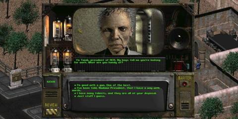 Close-up of a dialogue scene in Fallout 2, with an old woman named Tandy, president of NCR