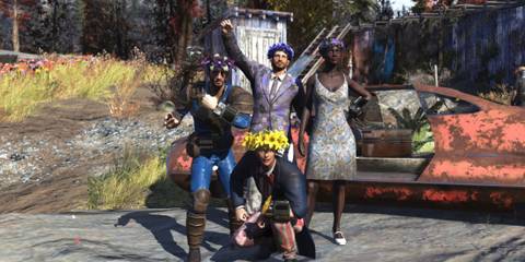 Fallout 76 The Big Bloom New Seasonal Event 2025 Players posing with Public Event Rewards Flower Floral Crowns