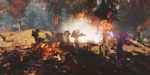 Fallout 76 The Big Bloom New Seasonal Event 2025 Public Event Players at Susans Cabin Set Overgrown on Fire Objective