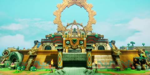 A grand temple-like structure with intricate carvings, a circular sun motif, and torches lining the stairs in Fantasy life