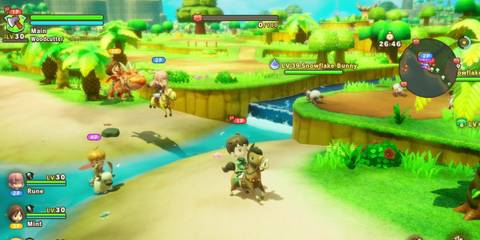 A child character rides a pony, crossing a stream surrounded by vibrant grass and flowers.