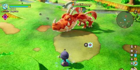 A large red Napdragon confronts a character, set against a colorful, cartoon-style environment.