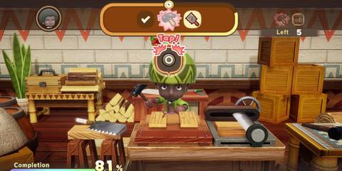 Close-up view of a player’s wooden crafting table, with mini-games and tapping prompts in fantasy life