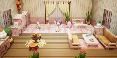 Pastel pink bedroom scene, with beds, a side table, and a plant by the window in fantasy life
