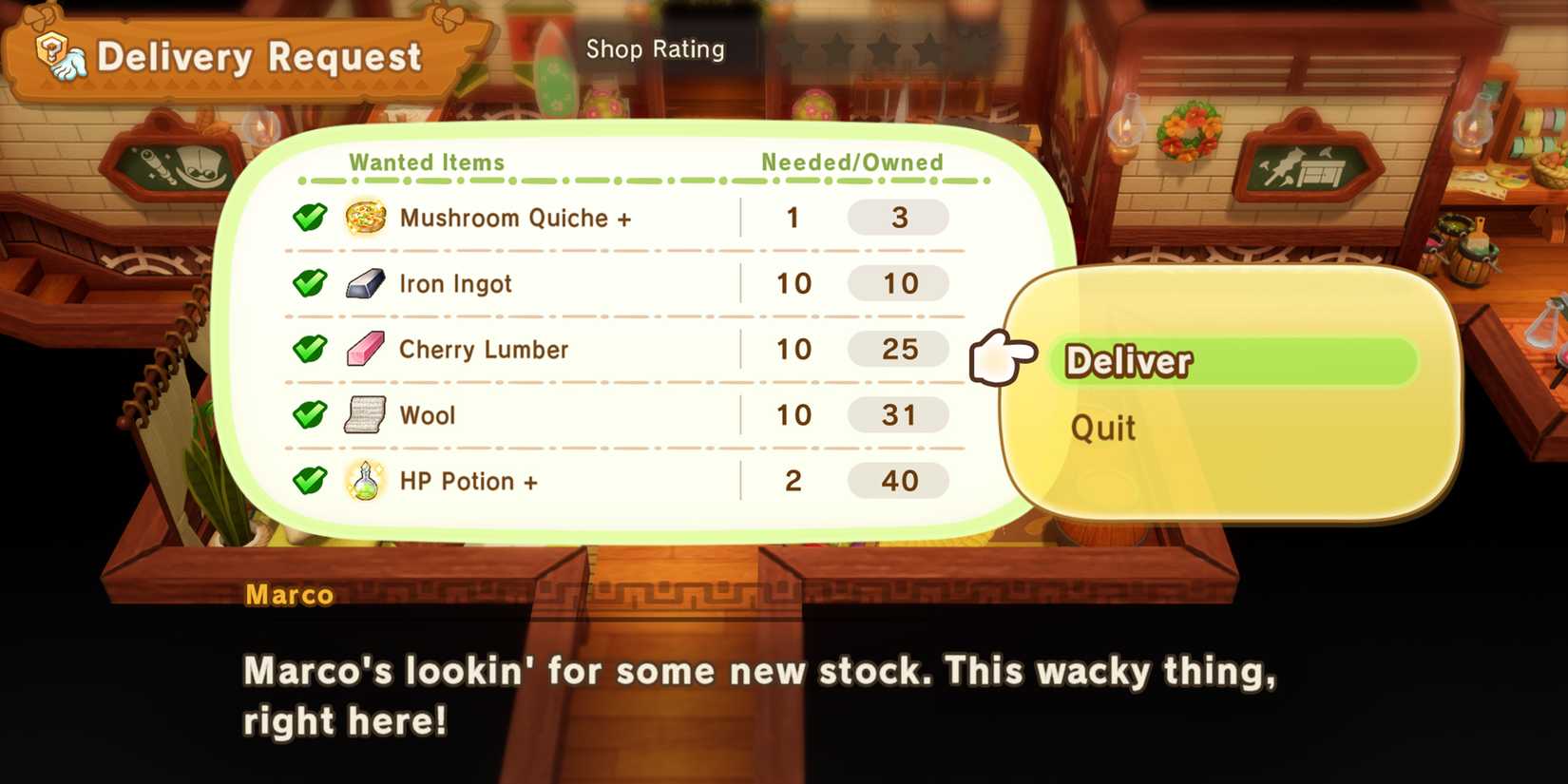 fantasy-life-i-the-girl-who-steals-time-how-get-cherry-lumber-wool-iron-ingot-mushroom-quiche-plus-marco-1-star-delivery-request-shop-rating