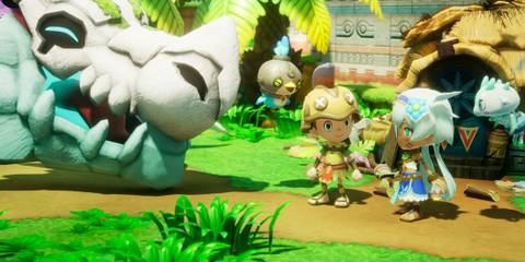 Two chibi characters dressed in adventure gear and tribal attire in Fantasy Life