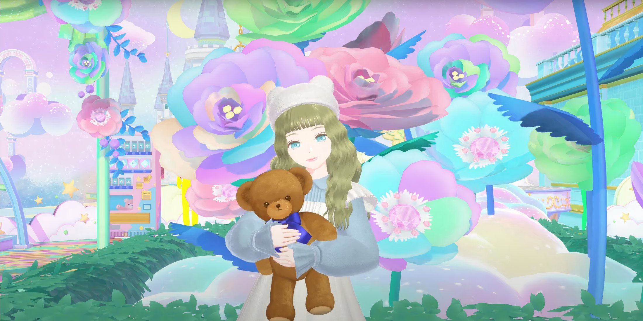 fashion dreamer character holding a stuffed bear