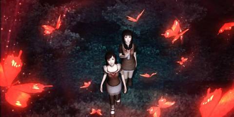 Fatal Frame 2 aurrounded by crimson buytterflies