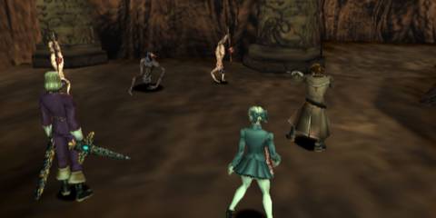 Fighting a bunch of enemies in an english dungeon - Shadow Hearts