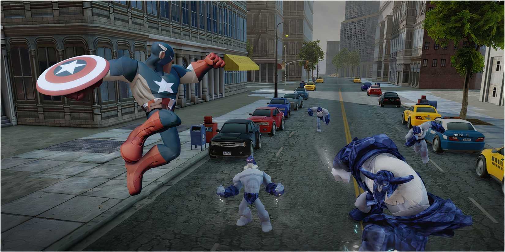 Fighting enemies as Captain America in Disney Infinity 2