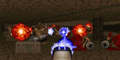 The Doom Marine fighting a legion of Mancubus and Lost Souls in Final Doom