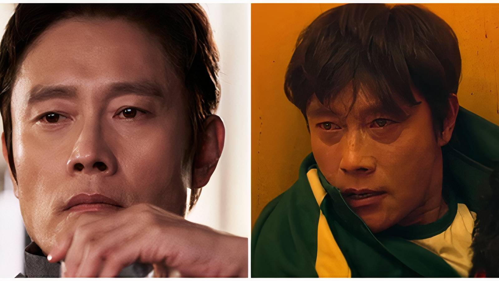 Split image of Front Man in his office and playing the games in Squid Game